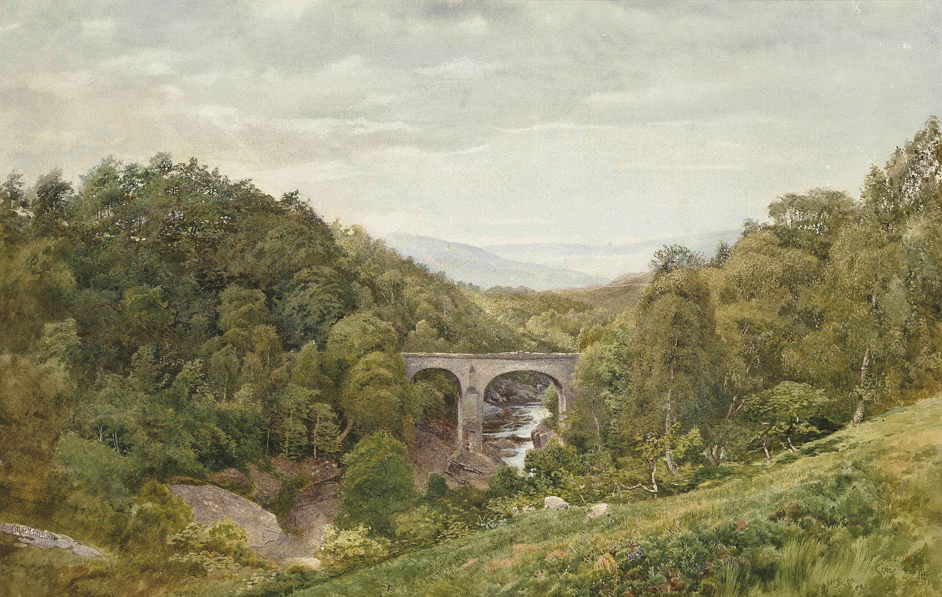 Sheep grazing above a rocky gorge, Alfred Pizzey Newton (1830–1883)